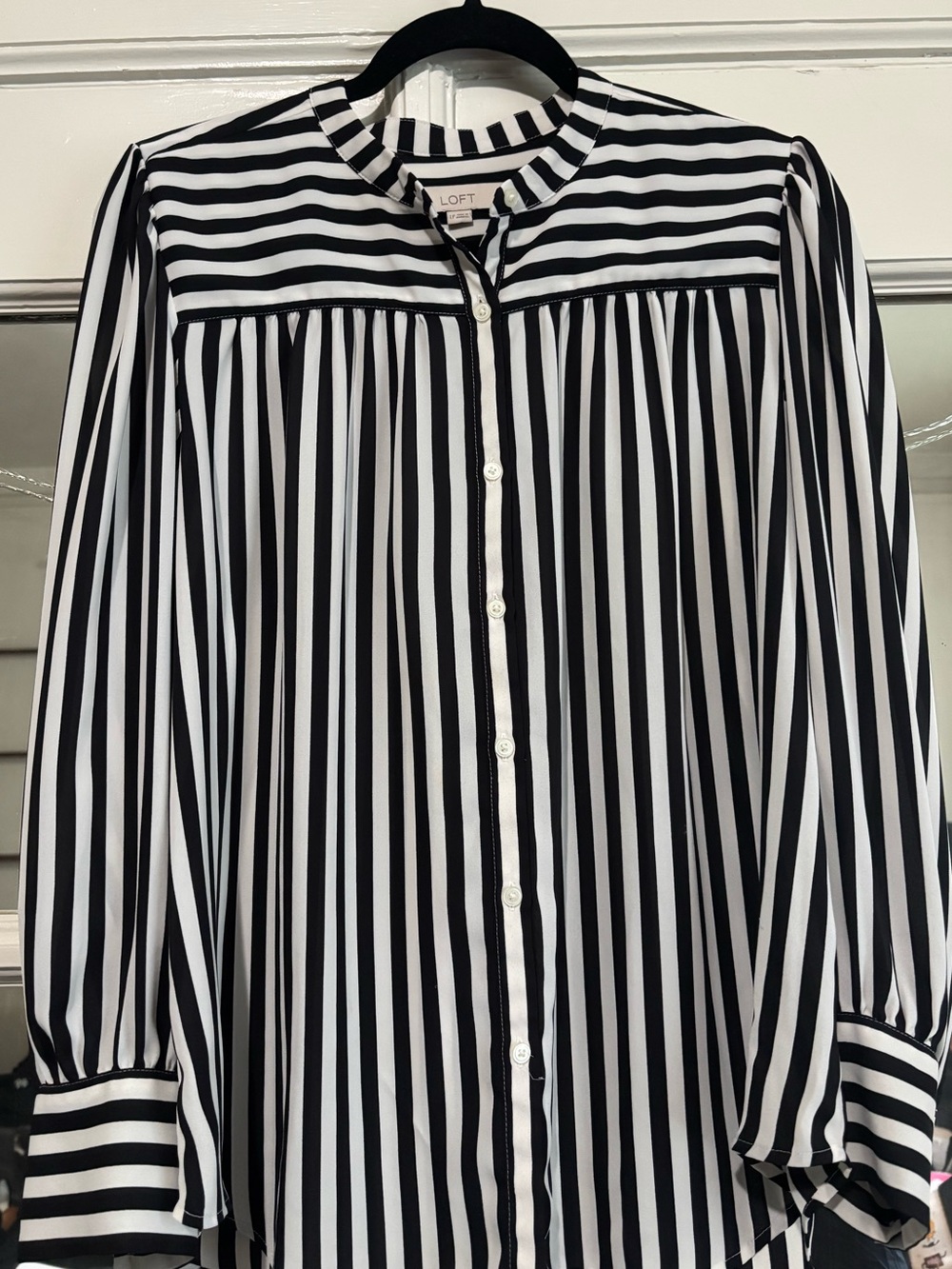 'LOFT' Black & White Striped Button-Front Blouse